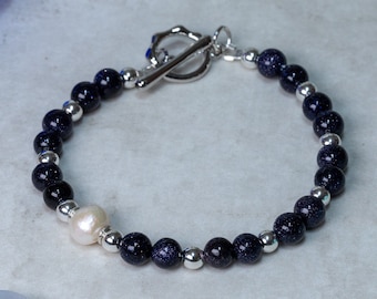 Blue Sandstone and Pearl, handmade, gemstone bracelet, with toggle clasp, gift for women