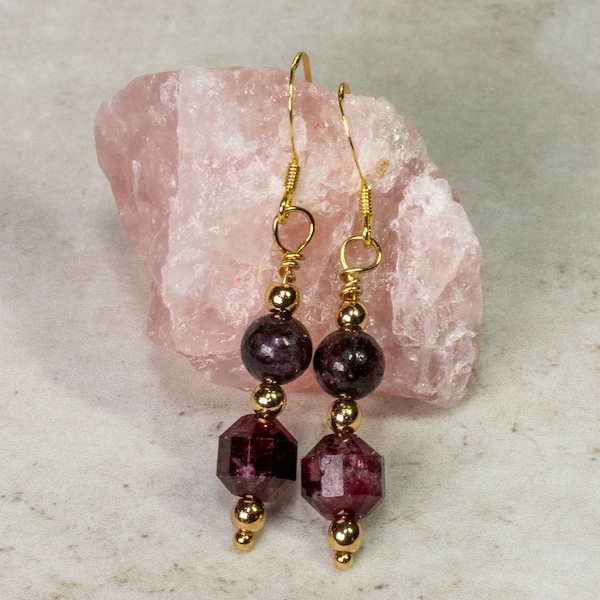 Garnet and gold, genuine gemstone, handmade earrings, drop earrings, January birthstone, gift for women, Valentines gift