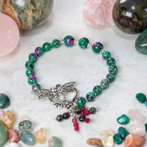 Ruby Zoisite Bracelet, Silver Dragonfly Clasp, Gemstone Jewelry