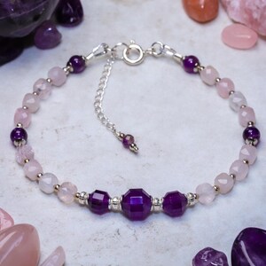 Elegant Amethyst and Rose Quartz, genuine gemstone, handmade bracelet with sterling silver accents, wellbeing bracelet, gift for women
