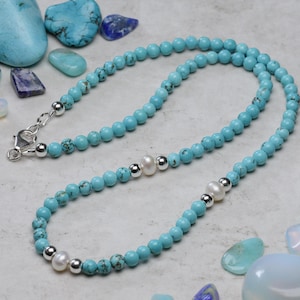 Boho style Turquoise and Pearl choker, handmade necklace with sterling silver clasp, December birthstone, wellbeing necklace, gift for women
