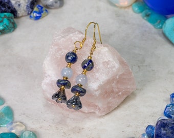 Lapis Lazuli, Aquamarine and glass flower handmade drop earrings with Gold Vermeil ear wires, boho style, gift for women