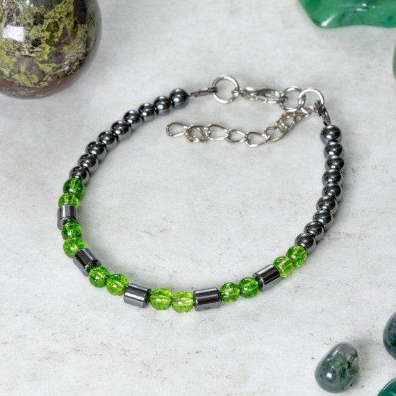 Peridot and Hematite, Genuine Gemstone, Handmade Bracelet