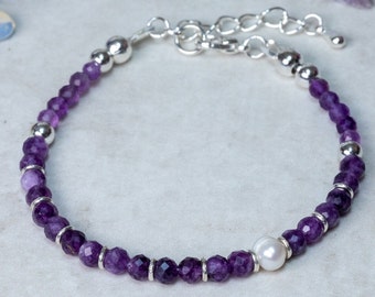 Amethyst, Freshwater Pearl and silver, genuine gemstone, handmade bracelet, gift for women