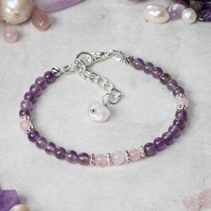 Amethyst, Rose Quartz and silver, genuine gemstone, handmade bracelet, with lobster claw clasp, gift for women