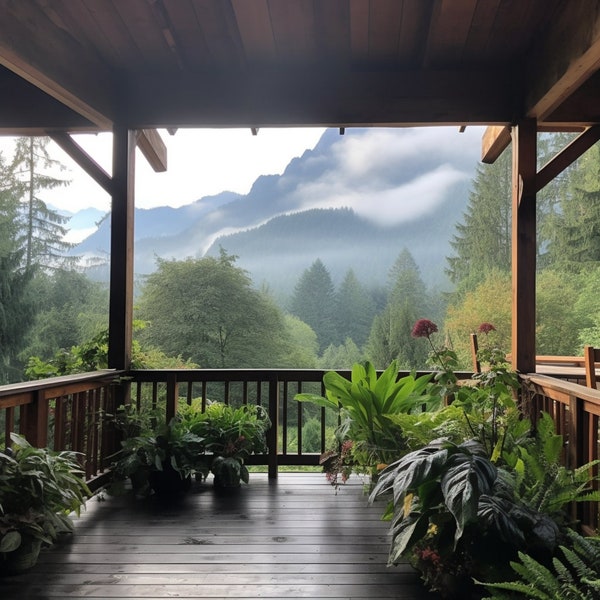 Mountain Serenity: Front Porch Zoom / Teams Hintergrund - Malerischer Blick auf die Berge