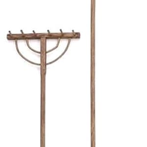 May include: Two wooden garden rakes with metal tines. The rakes have long, slender wooden handles and curved metal tines. One rake is taller than the other. The rakes are a natural wood color and are set against a white background.