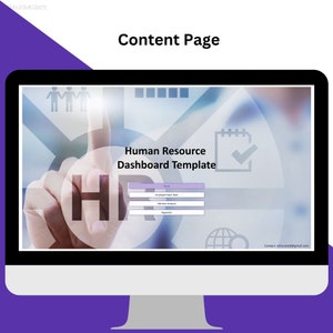May include: A computer screen displaying a Human Resource Dashboard Template with a hand pointing to the word "HR" in a circle. The template has a menu with options for Home, Employee Base Data, Attrition Analysis, and Appendix. The contact email address is listed at the bottom of the screen.