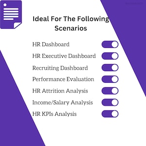 May include: A purple background with a white document icon in the top left corner. The text "Ideal For The Following Scenarios" is in black text. Below the text is a list of HR-related scenarios with a toggle switch next to each one. The toggle switches are purple and white.