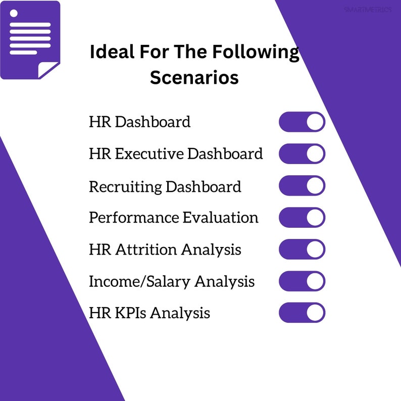 May include: A purple background with a white document icon in the top left corner. The text "Ideal For The Following Scenarios" is in black text. Below the text is a list of HR-related scenarios with a toggle switch next to each one. The toggle switches are purple and white.