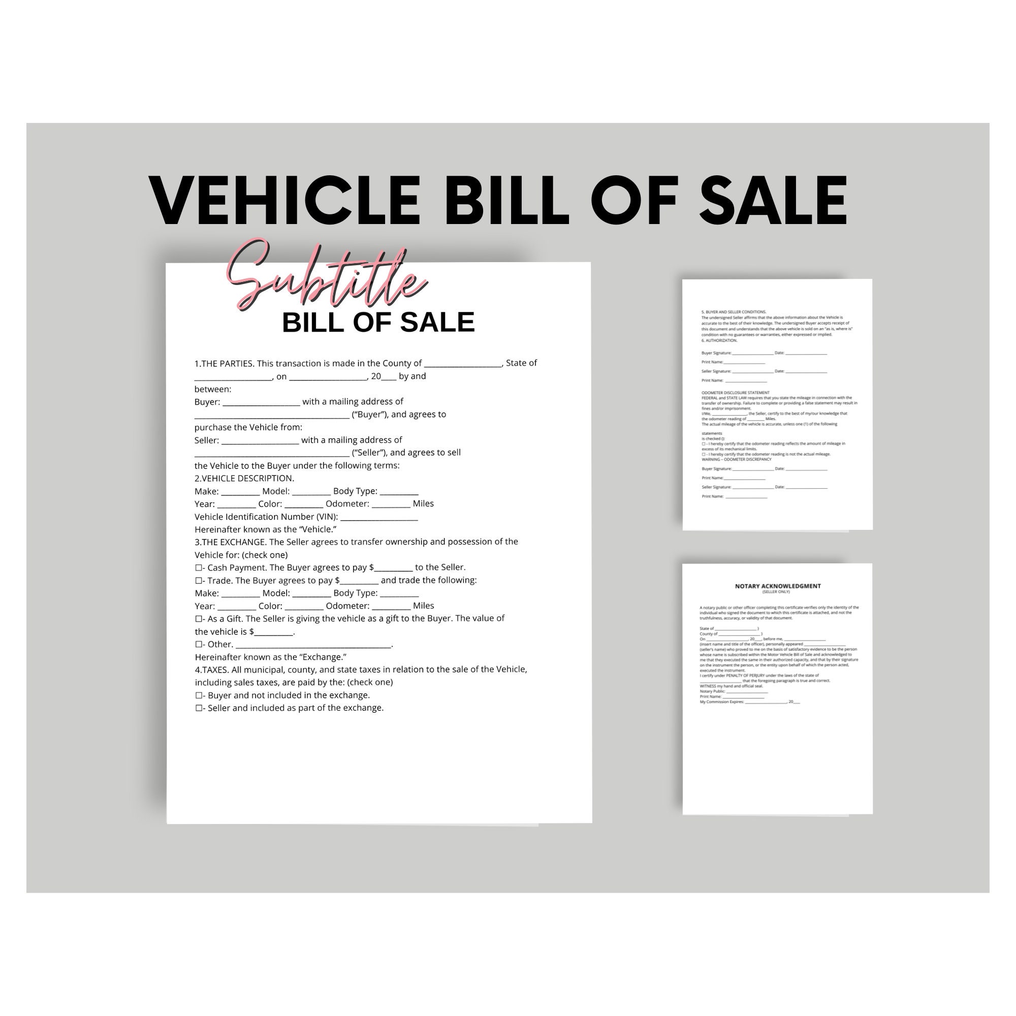Printable Vehicle Bill of Sale Car Sale Form Bill of Sale Template