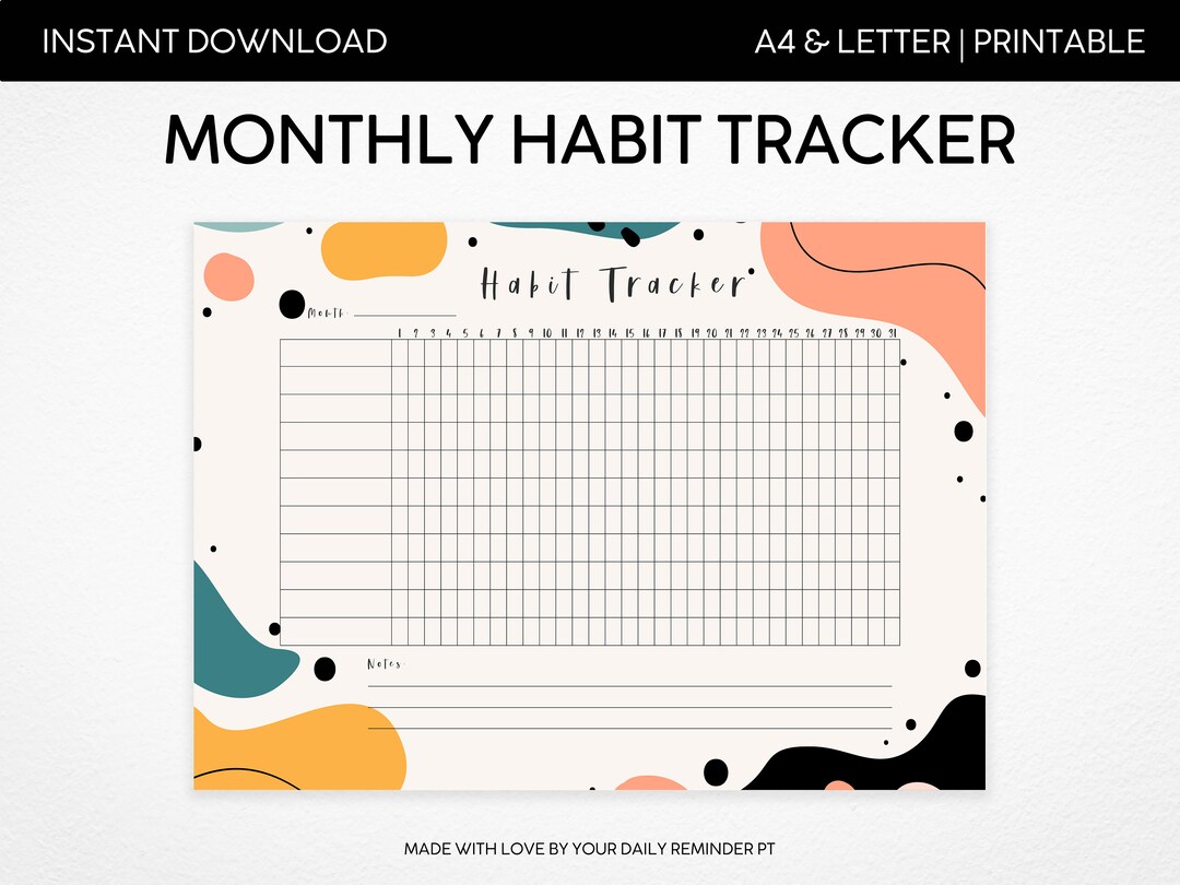 Colorful Minimalist Monthly Habit Tracker Printable Landscape Template ...