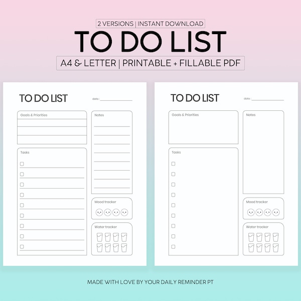 Daily To do List Single page planner, Printable Digital, Fillable PDF Portrait Organizer, Digital Office Planner Desk Planner A4 Letter
