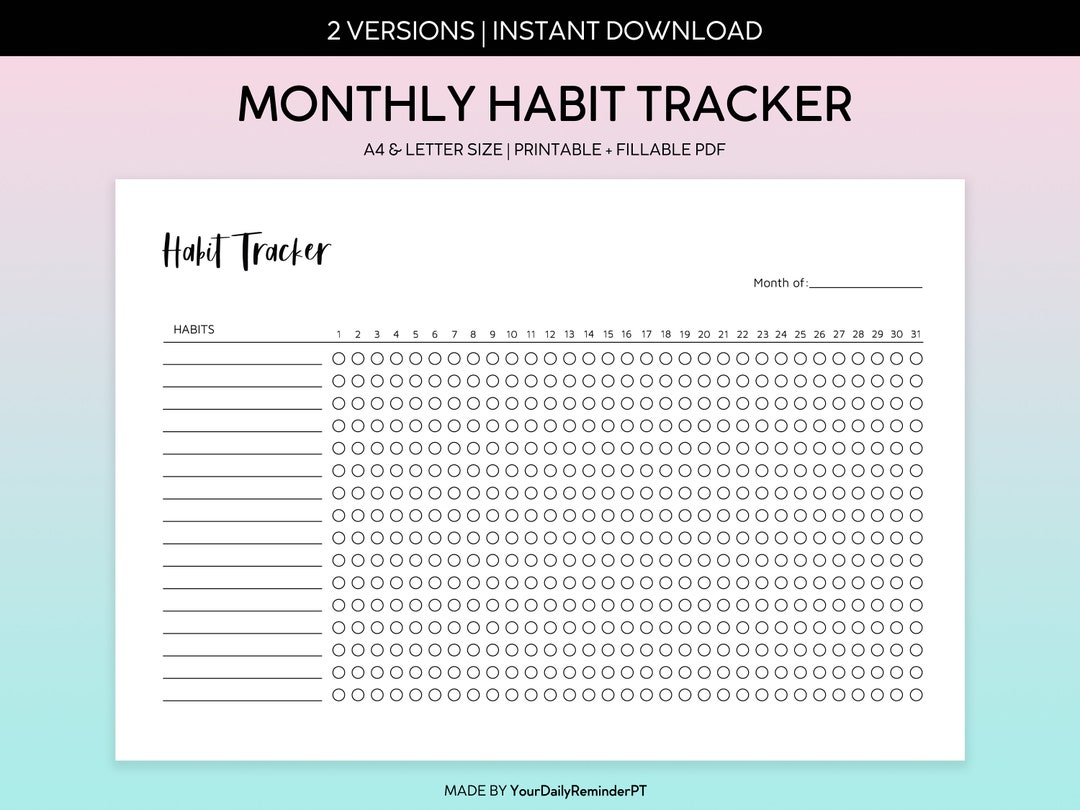 Minimalist Monthly Habit Tracker Printable Landscape Template, Routine ...