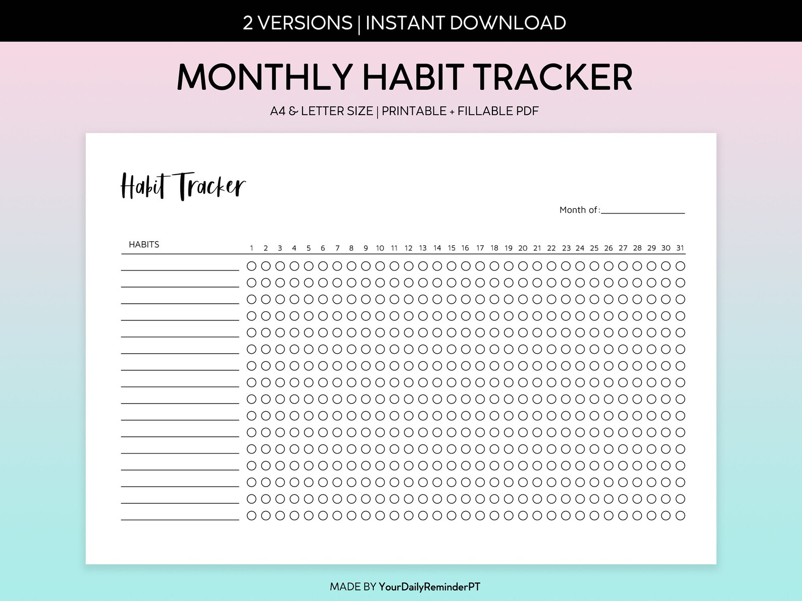 Minimalist Monthly Habit Tracker Printable Landscape Template, Routine ...