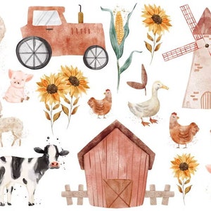 Könnte beinhalten: Aquarell-Illustrationen von Nutztieren, einem roten Traktor, einer Windmühle, einem Stall, Sonnenblumen und Mais. Die Illustrationen sind im rustikalen Stil mit gedeckten Farben gehalten.