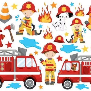 Könnte beinhalten: Ein Set mit farbenfrohen Feuerwehr-Clipart, darunter ein Feuerwehrauto, ein Hydrant, ein Feuerlöscher, ein Feuerwehrmann, ein Dalmatiner und andere Feuerschutz-Elemente.