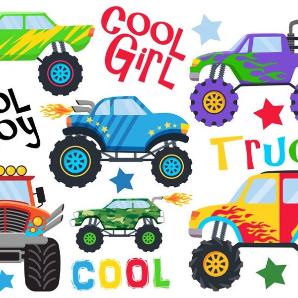 BS150 Set iron-on transfer monster trucks cool and colorful