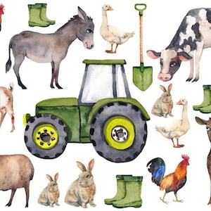 BS189 Iron-On Image Set Watercolor Farm Animals with Tractor