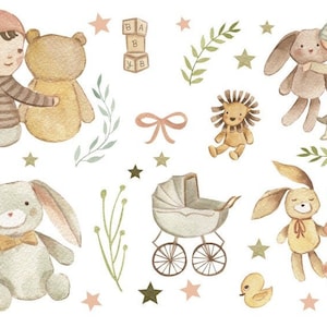 Könnte beinhalten: Aquarell-Illustration eines Kinderzimmer-Themas mit einem Baby, einem Teddybär, einem Hasen, einem Löwen, einem Kinderwagen und Blöcken, die "BABY" buchstabieren.