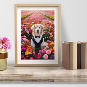 Golden Retriever in Wildflower Field Poster, Funny Gift for Dog Lover, Dog Tuxedo Flower Poster, Colorful Watercolor Nursery Wall Art Decor