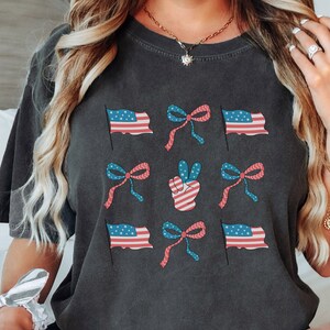 4th of July Retro Shirt: Coquette Bows and USA Flags, Fourth of July Patriotic T-Shirt, American Patriot Gift, Red White Blue Peace Sign Tee