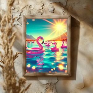 Decoración de impresión de arte de pared de cartel de flamenco de verano, decoración colorida de LakeHouse, regalo de compañero de cuarto de la universidad, arte de pared de cartel rosa, decoración de dormitorio de muy buen gusto