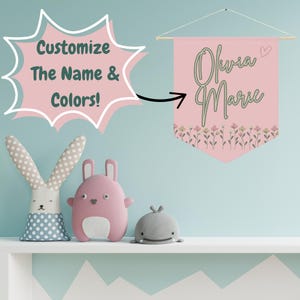 Custom Floral Girls Wall Hanging for Nursery | Personalized Newborn Baby Name Sign | Pennant Flag for Kids Room Decor | Pink Wall Art Decor
