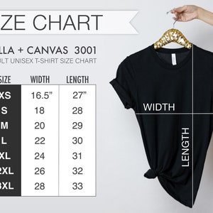 Puede incluir: Tabla de tallas para camisetas unisex para adultos Bella + Canvas 3001. La tabla muestra las medidas de ancho y largo en pulgadas para las tallas XS a 3XL.