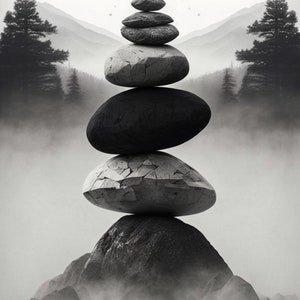 Puede incluir: Una pila de piedras grises y negras equilibradas sobre una roca gris más grande, con un fondo de montaña brumoso.