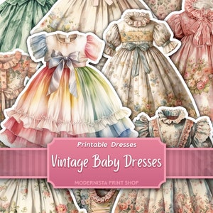 Afdrukbare vintage babyjurkjes, junk journal ephemera, digitale papieren poppenjurk, babymeisje dagboek, scrapbooking kit, journaling benodigdheden,