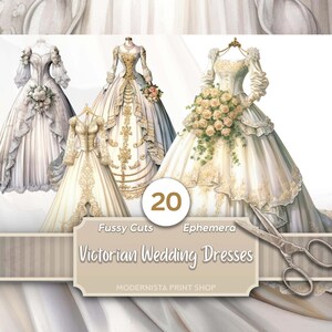 Abiti da sposa vittoriani Kit effimero dal taglio pignolo / Documenti digitali / Diario di nozze / Creazione di cartoline / Idea abito da sposa / Adesivi