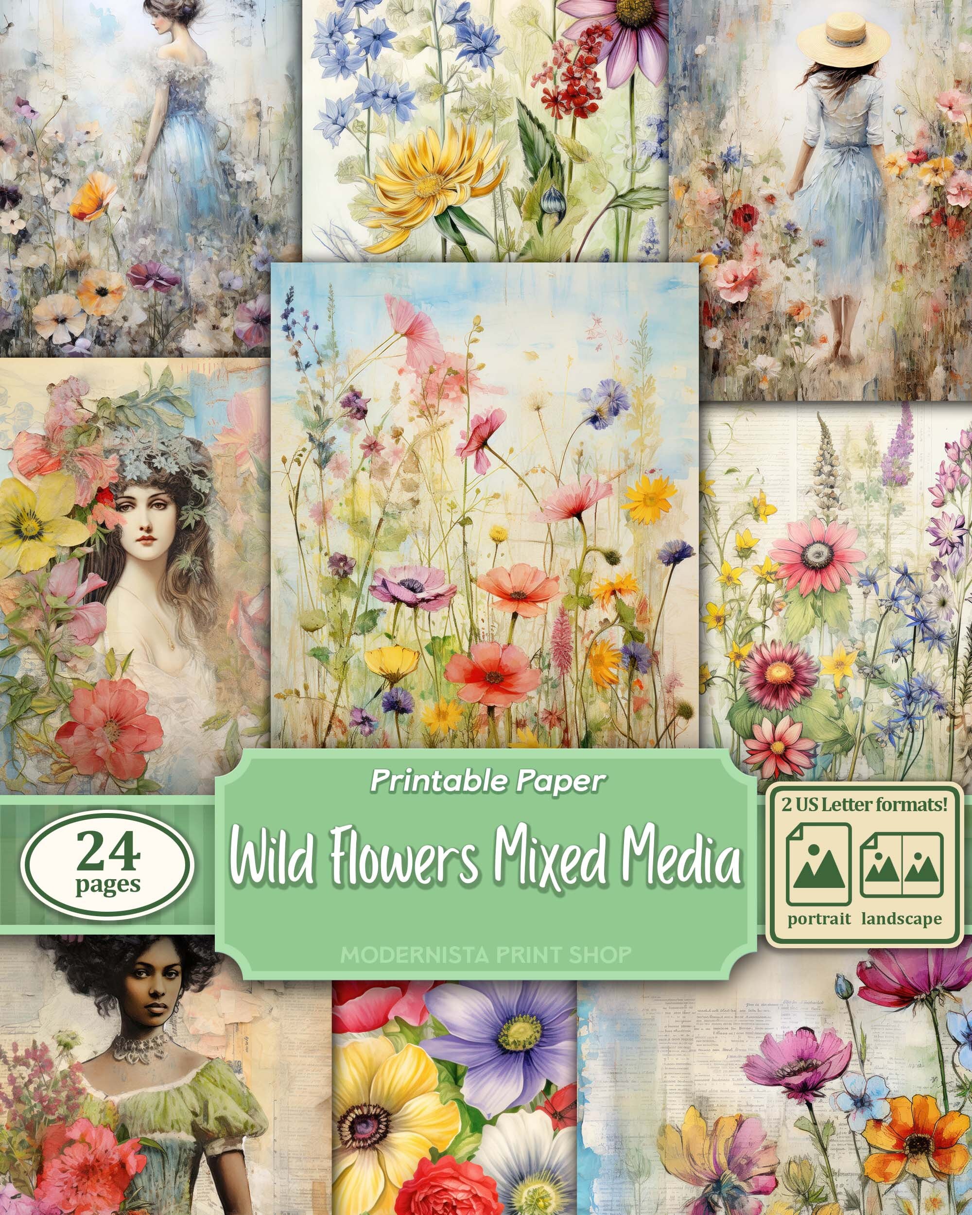 Wild Flowers Junk Journal Kit Mixed Media, Digital Papers, Floral