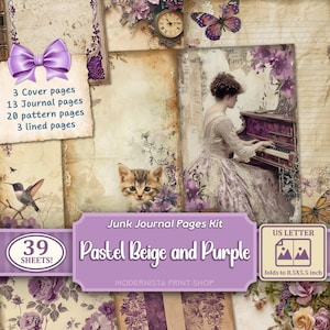 Kit diario spazzatura beige pastello e viola, documenti digitali, pagine di diario stampabili viola, documenti di diario, album di ritagli, creazione di carte digitali