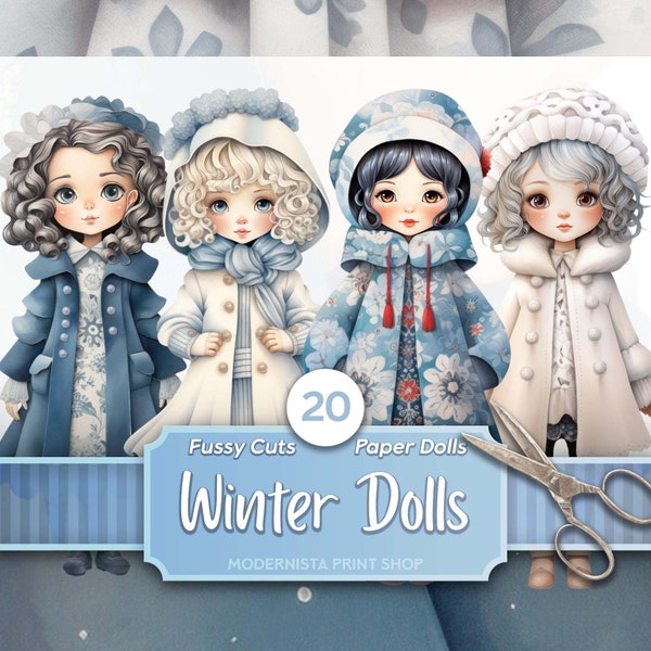 Winter Paper Dolls Kit | Dolls Journaling | Fussy Cut | Digital Dolls Images | Card Making | Blue Ephemera | Stickers | cricut | Ski jacket