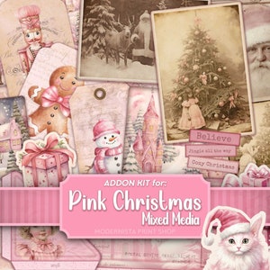Rosa Natal ADDON Junk Journal kit Mídia mista, papéis digitais, páginas de diário rosa imprimíveis, papéis de registro no diário, criação de cartões