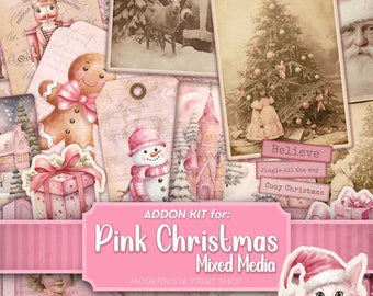 Pink Christmas Junk Journal ADDON Kit: Vintage Ephemera, Tags (Digital Download)