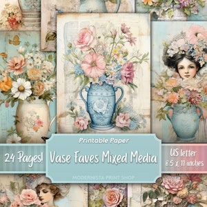 Vase Faves Mixed Media junk journal kit, digital papers, floral printable journal pages, journaling papers, digital download, card making