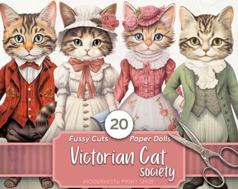 Kit de muñecas de papel de gato victoriano / Diario de muñecas / Corte quisquilloso / Imágenes de muñecas digitales / Fabricación de tarjetas / Efímera vintage / Cricut de papel digital