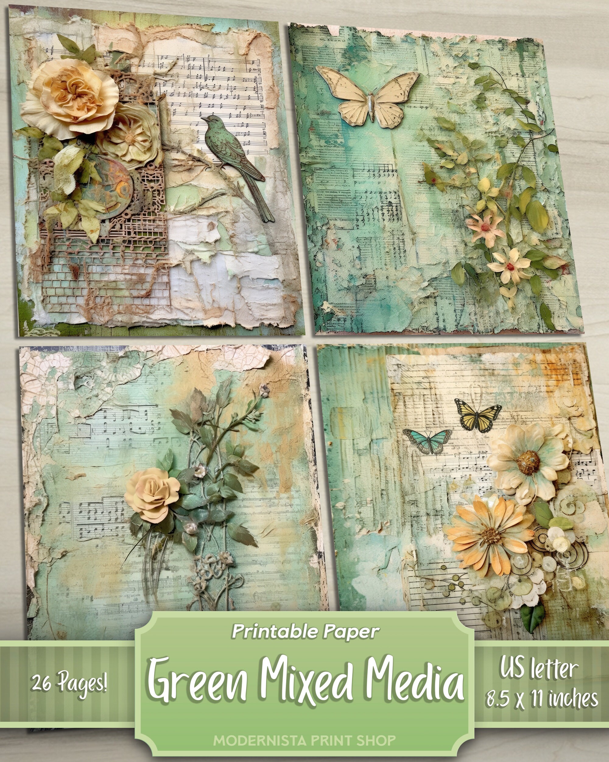 Mixed Media Green Junk Journal Kit, Digital Papers, Green Printable ...