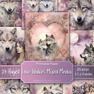 May include: A printable paper pack with 24 pages featuring a romantic theme of wolves in love. The pack includes images of wolves with pink flowers and a heart shape. The text on the cover reads "24 Pages! Love Wolves Mixed Media" and "MODERNISTA PRINT SHOP".