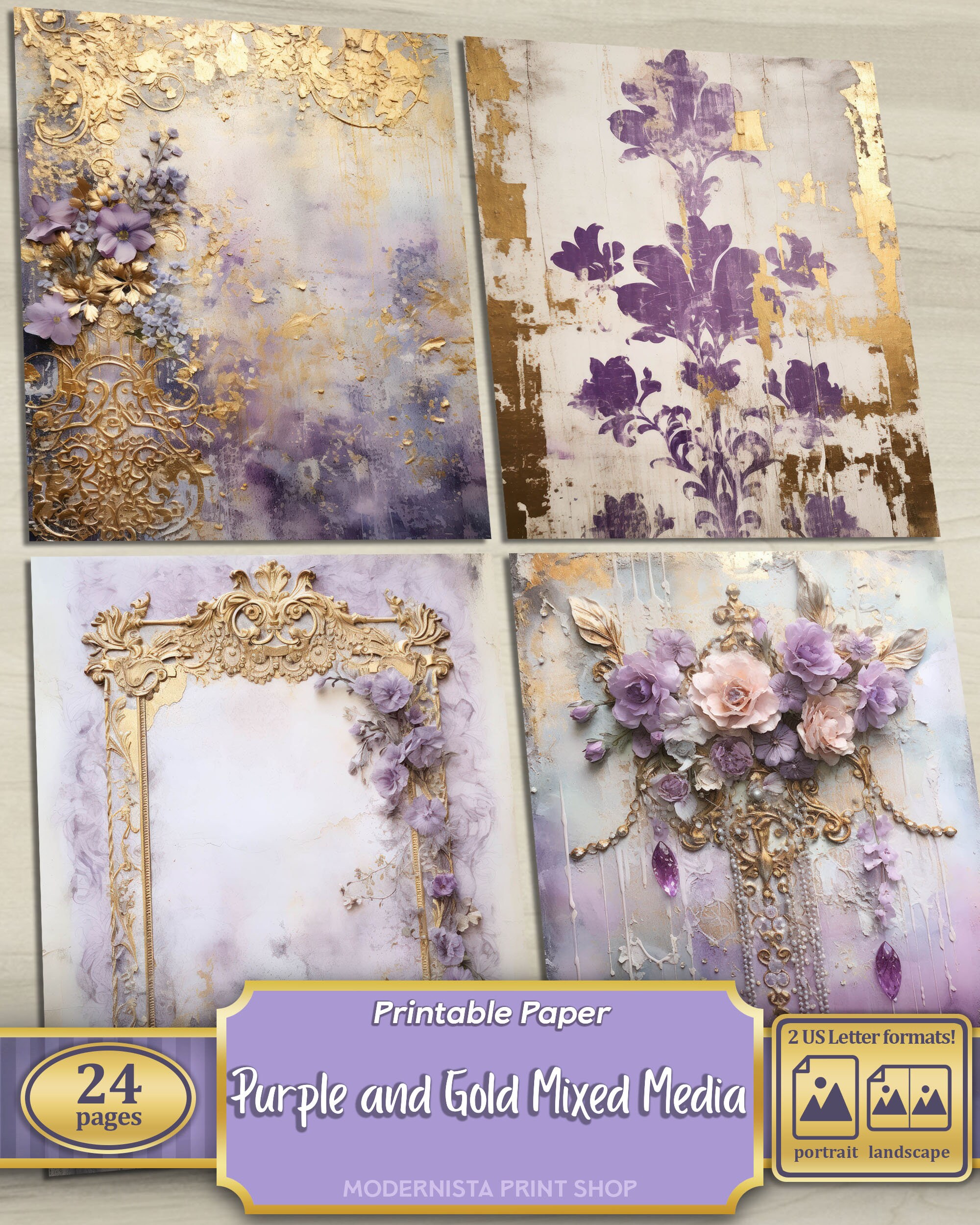 Purple and Gold Mixed Media Junk Journal Art Kit, Digital Papers ...