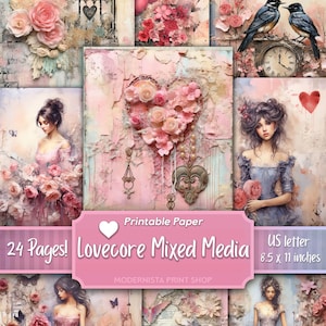 Lovecore caprichoso kit de diário de lixo de arte de mídia mista, papéis digitais, páginas cor-de-rosa imprimíveis, papéis de registro no diário, download digital, criação de cartões