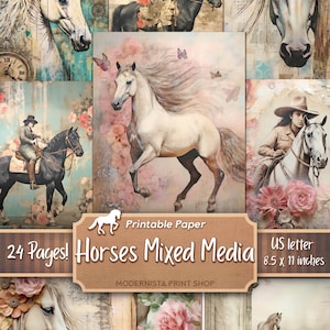 Pferde Junk Journal Kit Mixed Media, Digitale Papiere, Printable Journal Seiten, Pferde Journaling Papiere, digitaler Download, Kartenherstellung
