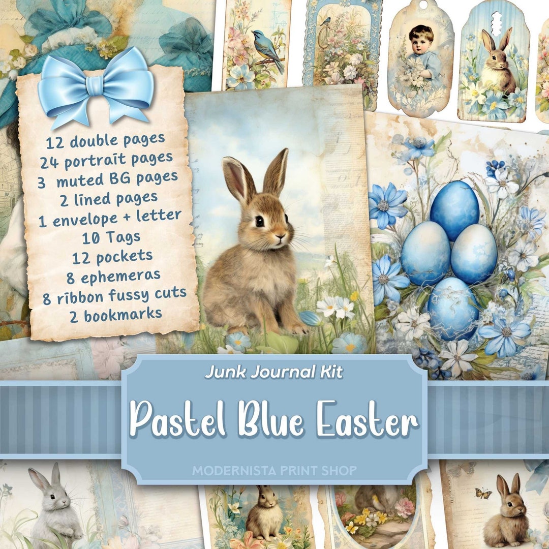 Pastel Blue Easter Junk Journal Kit, Mixed Media, Digital Papers, Blue Printable Journal Pages