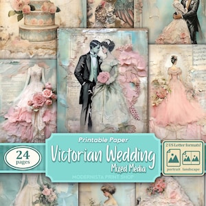 Victoriaanse bruiloft Mixed Media Junk Journal kit, digitale papieren, afdrukbare dagboekpagina's voor bruiloften, journaling papers, kaarten maken, blauwgroen pagina's