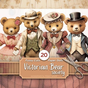 Kit de poupées en papier ours victorien | Journalisation des poupées | Coupe difficile | Images de poupées numériques | Fabrication de cartes | vintage Éphémères | Cricut papier numérique
