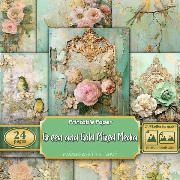 Green and Gold Mixed Media Junk Journal art kit, digital papers,  printable journal pages, Green and gold journaling papers, card making