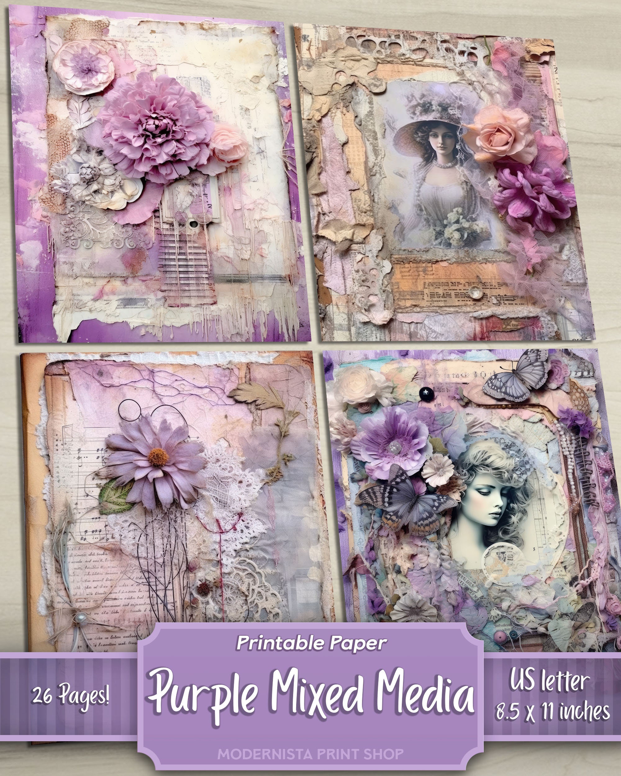 Mixed Media Purple Junk Journal Kit, Digital Papers, Purple Printable ...