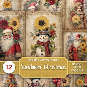 Tournesol Noël vintage Junk Journal Digital Papers, Tournesol Pages de journal imprimables, Papiers de journalisation, Téléchargement numérique, Fabrication de cartes